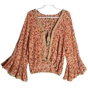 Nalini One Size Tie Front Flared Bell Sleeve‎ Top Cardigan Crochet Trim Metallic